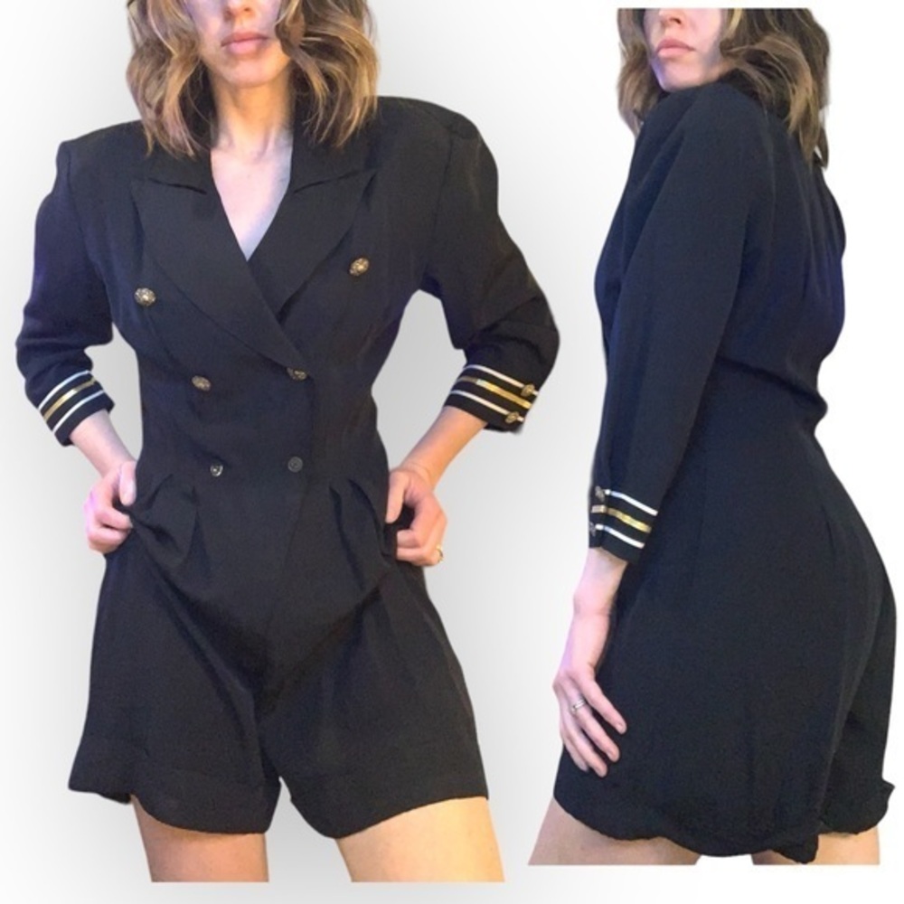 Vintage 80s Double Breasted Navy Blue Gold Romper